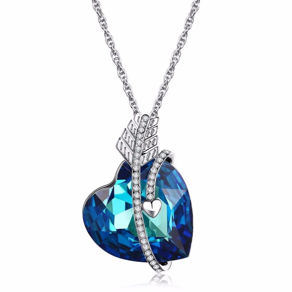 Colgante de diamantes de imitación de cristal cúbico con corazón azul de cristal sólido de plata 925 para mujer