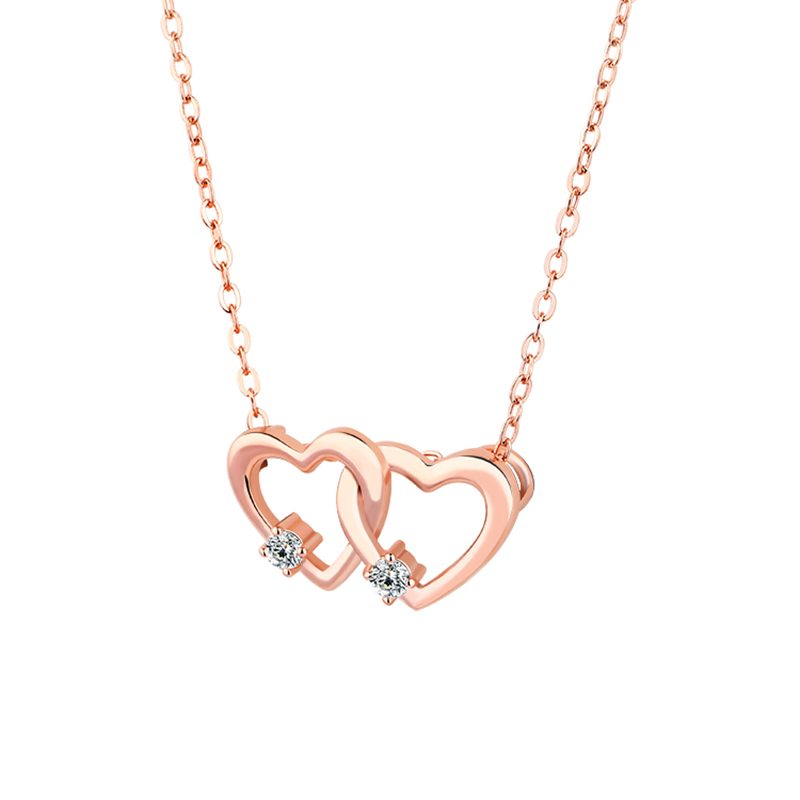 Collar de oro rosa con doble Corazón, colgante, cadena, joyería para mujer