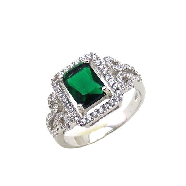 Plata esterlina 925 chapado en rodio creado rectangular verde esmeralda anillo