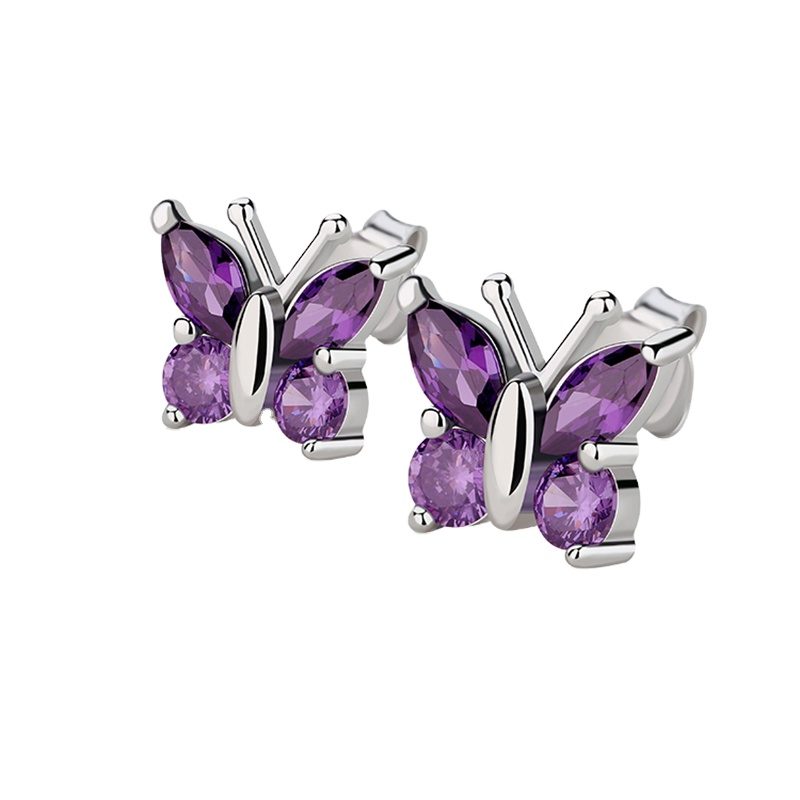 Pendiente de mariposa de plata 925 para mujer, pendientes de mariposa de ópalo púrpura, pendiente de tuerca personalizado