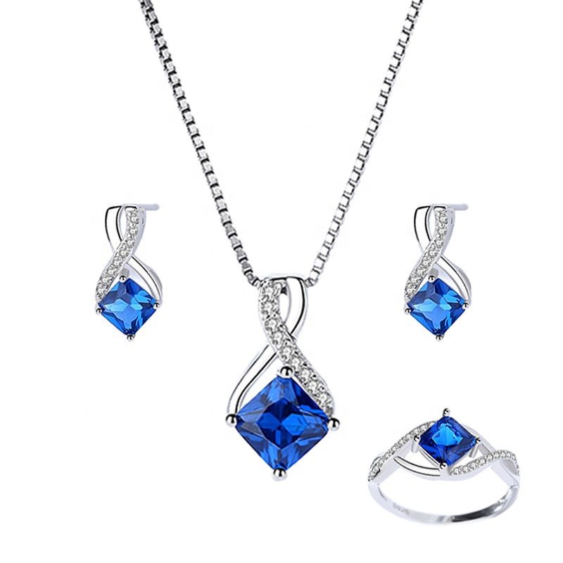 Conjunto de joyería fina de zafiro de lujo al por mayor, collar con colgante infinito, anillo, pendientes, mascota, Plata de Ley 925, clásico para mujer