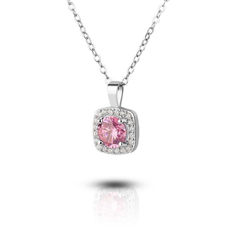 Collar con Colgante de Circonita Cúbica en Forma de Cojín, Color Blanco, Rosa y Azul, Plata 925, Joyería Clásica para Uso Diario, Collar Sencillo para Mujer