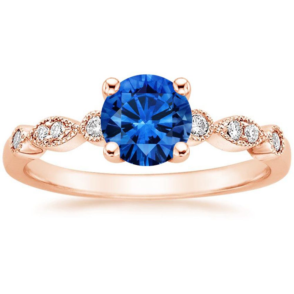 Anillos de Plata S925 con Baño de Oro Rosa y Piedra de Cristal Azul Redonda