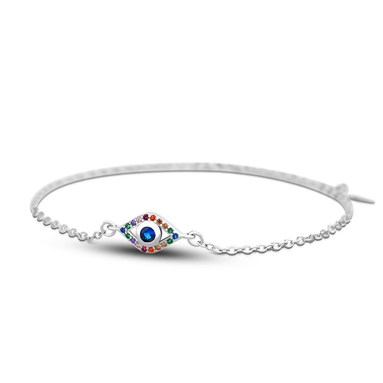 Pulsera Ajustable de Plata de Ley 925 con Dije de Ojo y Circonitas Multicolor y Azules para Regalo, Protección y Uso Diario