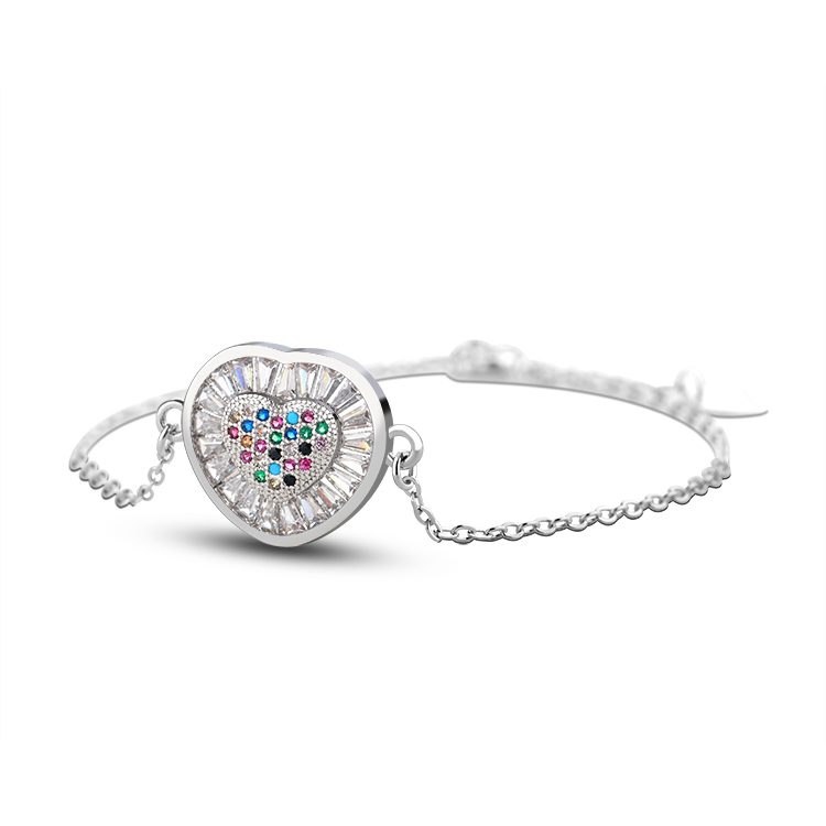 Pulsera de Plata de Ley 925 con Dije de Corazón y Circonitas Cúbicas Multicolor y Transparentes, Cadena Ajustable para Mujer, Regalo de Joyería