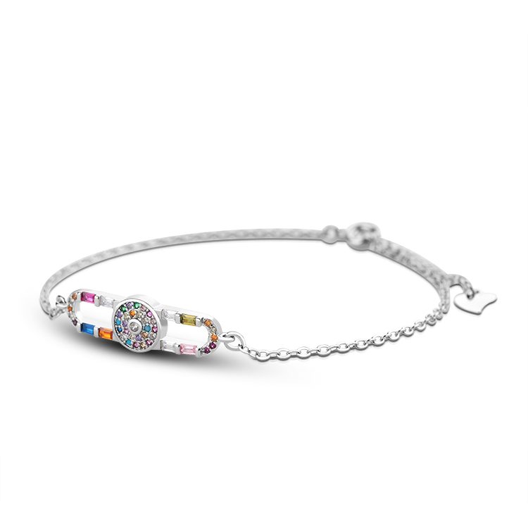 Pulsera de circonita arcoíris para mujer, pulsera de cadena de plata de ley con ojo de la suerte, proveedor de joyería personalizada hecha a mano