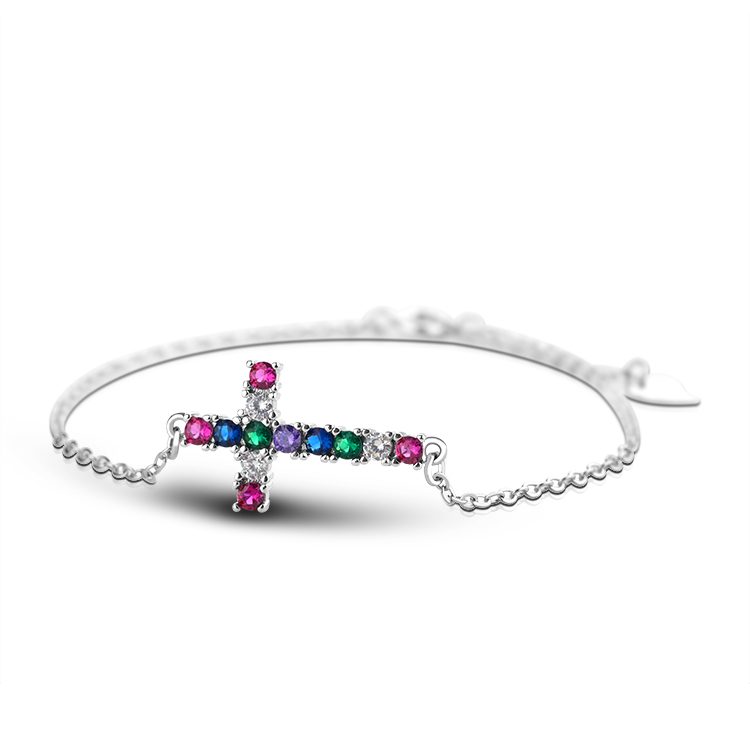 Pulsera Ajustable de Plata de Ley 925 con Cruz y Diseño Pavé de Circonitas Multicolor para Aniversarios y Regalos de Joyería Diaria
