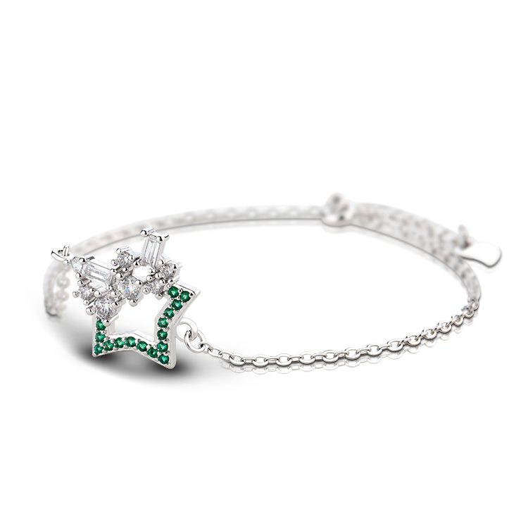 Pulsera de Plata de Ley 925 con Estrella y Circonitas Cúbicas Verdes y Transparentes, Cadena Ajustable para Mujer, Joyería para Uso Diario y Fiestas