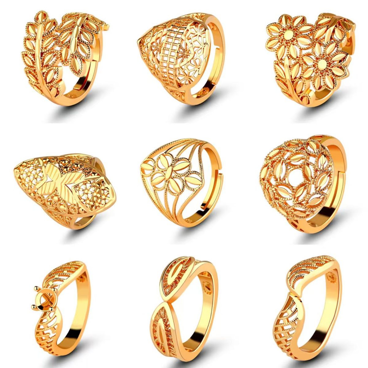 Anillo Vintage Chapado en Oro de Ley 925 con Diseño Floral Calado de Hojas, Banda Ajustable para Mujer, Joyería para Bodas y Fiestas