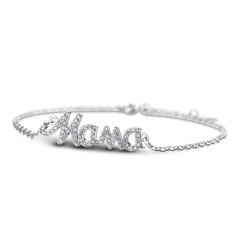 Brazalete Ajustable de Plata de Ley 925 con Letra 'Mama' y Circonita Transparente, Regalo Ideal para el Día de la Madre y Brazalete Apilable para Uso Diario