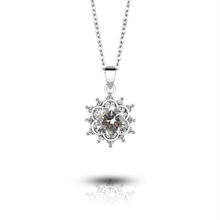Collar de Plata de Ley 925 con Flor y Circonita Cúbica, Piedra Central Grande Brillante, Regalo de Aniversario para Mujer