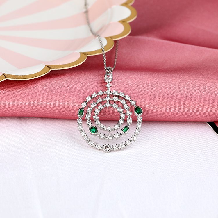 Collar con Colgante de Circonitas Cúbicas Multicírculo Vintage con Piedras Verdes en Plata de Ley 925, Collar con Colgante Redondo de Circonitas Cúbicas en Capas
