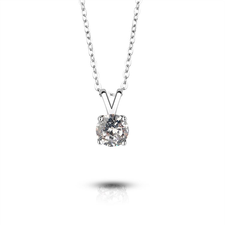 Collar con Colgante de Plata de Ley 925 con Circonita Cúbica de Corte Redondo y Cuatro Puntas, Joyería de Estilo Clásico