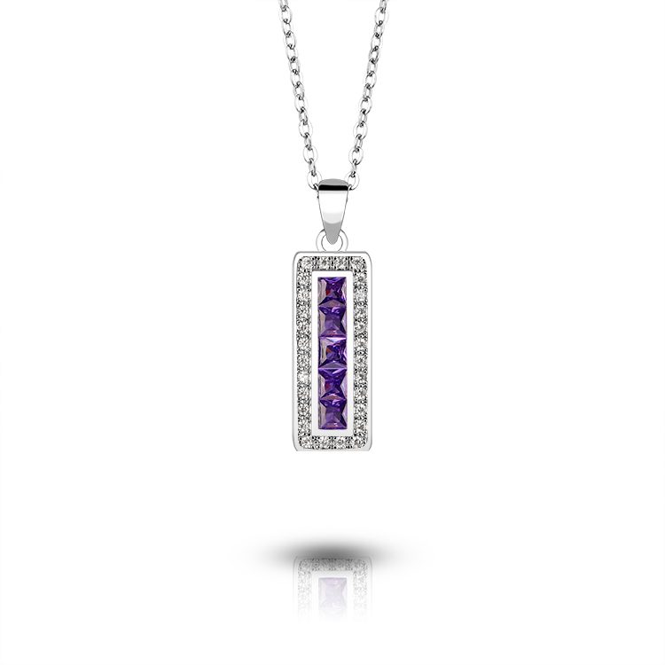 Collar con Colgante de Barra de Plata de Ley 925 con Circonita Morada, Diseño Minimalista de Línea con Corte Baguette para Uso Diario, Regalo y Joyería de Moda
