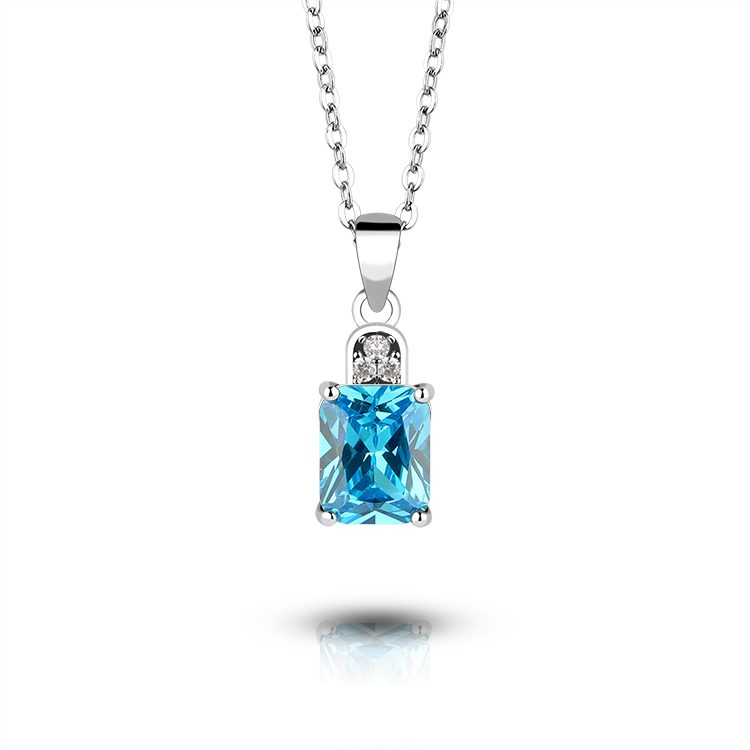 Collar con Colgante de Halo de Circonita Azul Corte Cojín de Plata de Ley 925, Joyería Elegante para Vestimenta Formal, para Venta al por Menor y al por Mayor