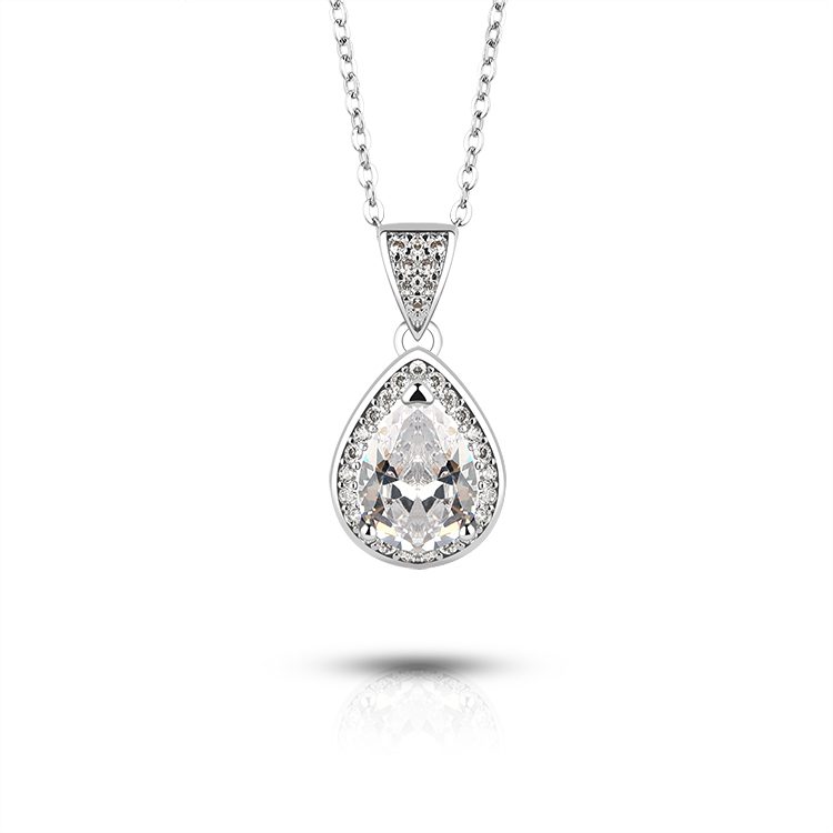 Collar con Colgante de Plata de Ley 925 con Circonita en Forma de Lágrima, Joyería Clásica con Halo para Fiestas y Eventos