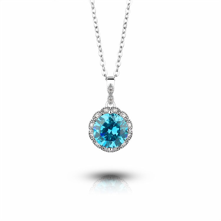 Collar con Colgante de Halo de Circonita Azul Redonda de Plata de Ley 925, Joyería Clásica y Elegante para Mujer, Uso Diario y Regalo