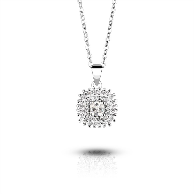 Collar con Colgante de Halo de Circonita Cuadrada de Plata de Ley 925, Joyería Moderna para Marcas de Moda, Joyería Fina Clásica para Mujer