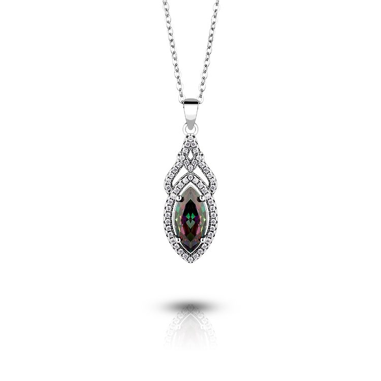 Collar con Colgante de Plata de Ley 925 con Circonita Oscura en Forma de Marquesa, Joyería Elegante de Estilo Vintage para Exhibición en Boutiques y Tiendas