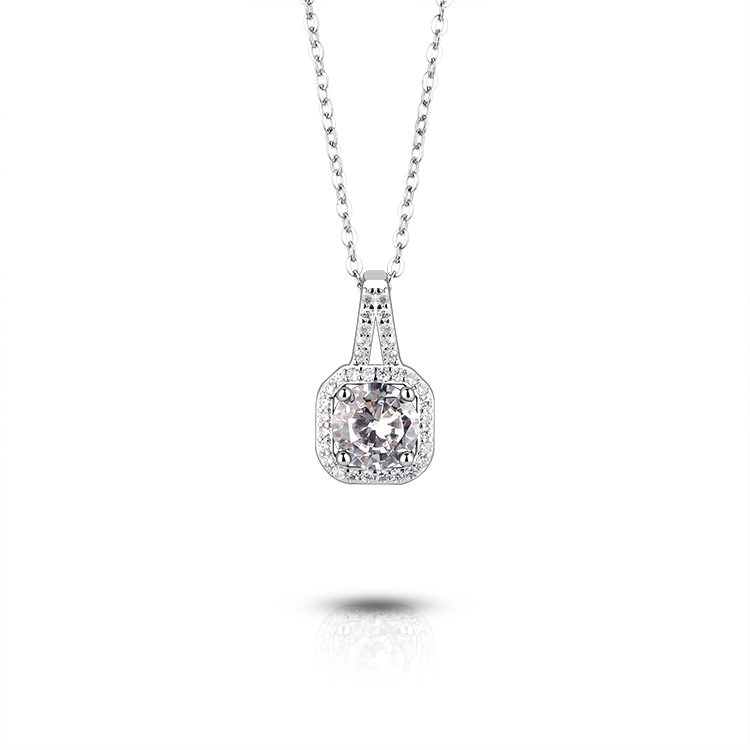 Collar con Colgante Cuadrado de Plata de Ley 925 con Circonita Transparente, Joyería Clásica para Venta al por Menor y al por Mayor