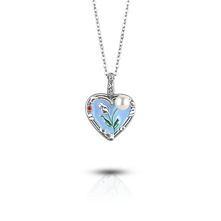 Collar de esmalte de plata 925 con corazón inspirado en Art Deco, cuentas micropavé, joyería informal de negocios, diseño de cierre de anillo de primavera