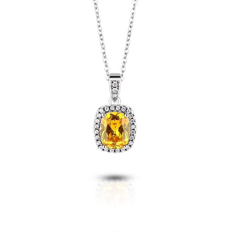 Collar con Colgante de Halo Rectangular de Plata de Ley 925 con Circonita Amarilla, Estilo Lujoso para Joyería de Fiesta