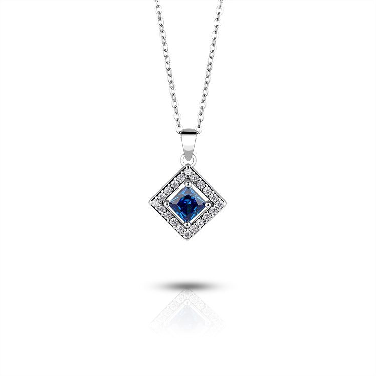 Collar de Circonita Azul Cuadrada, Elegante para el Trabajo y el Ocio, Collar con Colgante de Halo de Plata de Ley 925 con Circonita Azul