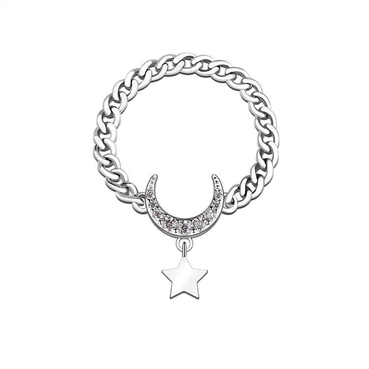 Anillo de Cadena de Plata de Ley 925 de Moda con Diseño de Estrella y Circonita Cúbica, Accesorio Elegante para Mujer