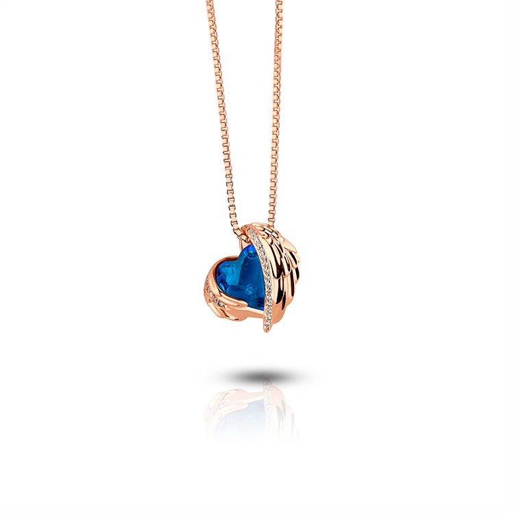 Collar con Colgante de Ala de Ángel y Corazón Azul con Circonitas, Collar con Colgante de Ala de Ángel y Corazón Rojo con Circonitas en Oro Rosa, Regalo de Ángel Guardián