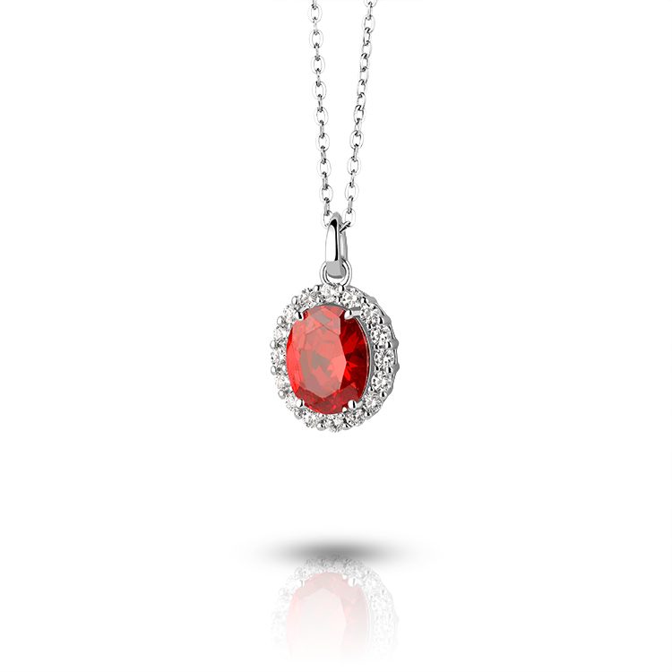 Collar con Colgante de Halo Ovalado Rojo con Circonita Cúbica, Plata 925, Joyería Festiva para Regalos Navideños