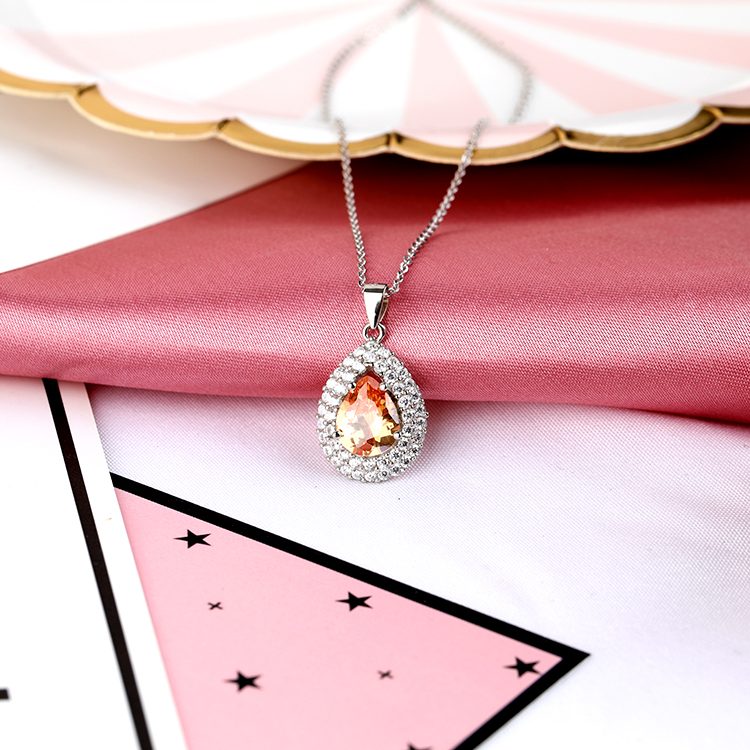 Elegante Collar con Colgante de Halo de Circonita Cúbica en Forma de Lágrima Naranja, Plata de Ley 925, Joyería para Novia y Eventos Nocturnos