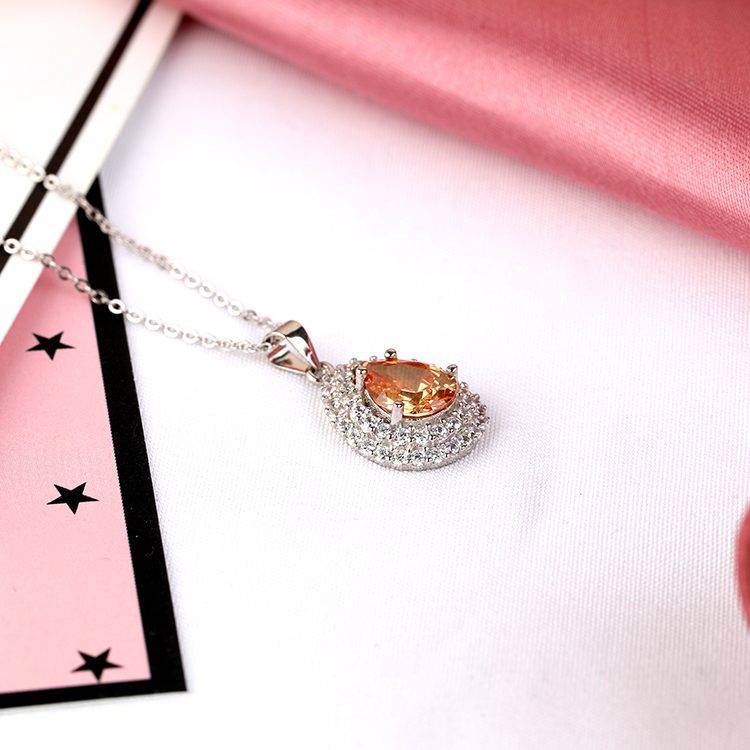 Elegante Collar con Colgante de Halo de Circonita Cúbica en Forma de Lágrima Naranja, Plata de Ley 925, Joyería para Novia y Eventos Nocturnos