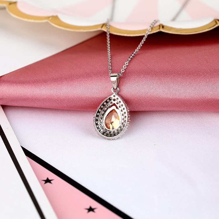 Elegante Collar con Colgante de Halo de Circonita Cúbica en Forma de Lágrima Naranja, Plata de Ley 925, Joyería para Novia y Eventos Nocturnos