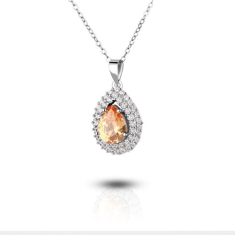 Elegante Collar con Colgante de Halo de Circonita Cúbica en Forma de Lágrima Naranja, Plata de Ley 925, Joyería para Novia y Eventos Nocturnos