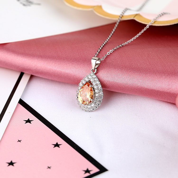 Elegante Collar con Colgante de Halo de Circonita Cúbica en Forma de Lágrima Naranja, Plata de Ley 925, Joyería para Novia y Eventos Nocturnos