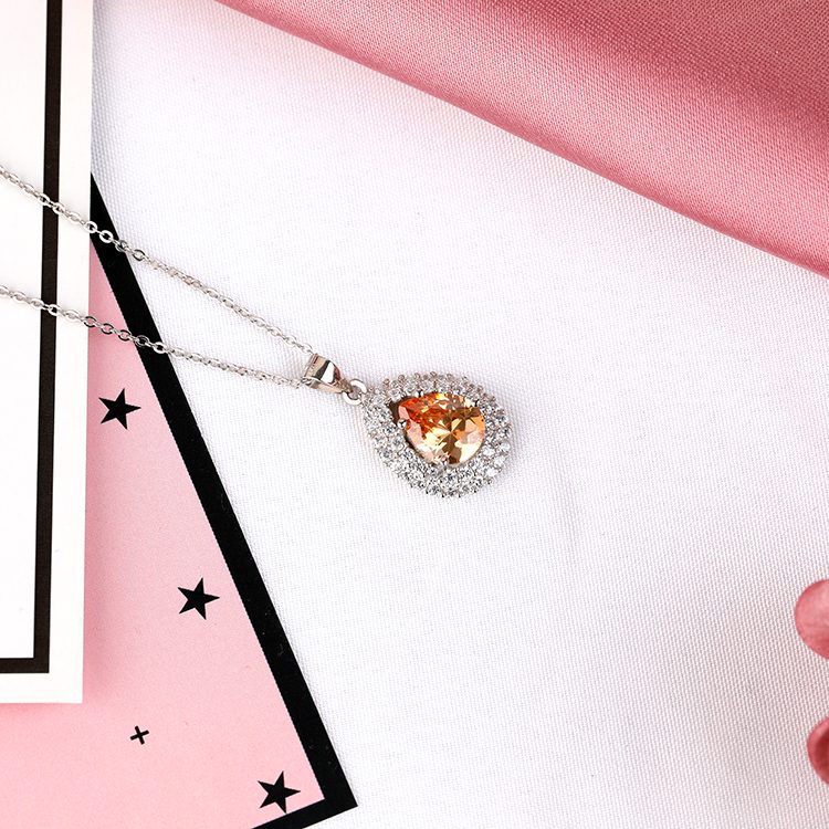 Elegante Collar con Colgante de Halo de Circonita Cúbica en Forma de Lágrima Naranja, Plata de Ley 925, Joyería para Novia y Eventos Nocturnos