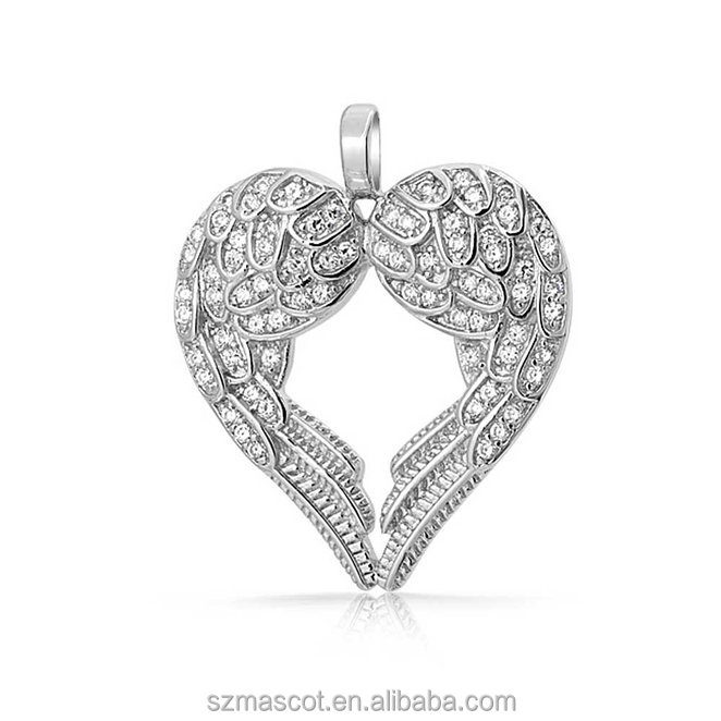 Colgante de alas de &Aacute;ngel de la guarda del coraz&oacute;n de CZ, Plata de ley, pav&eacute;