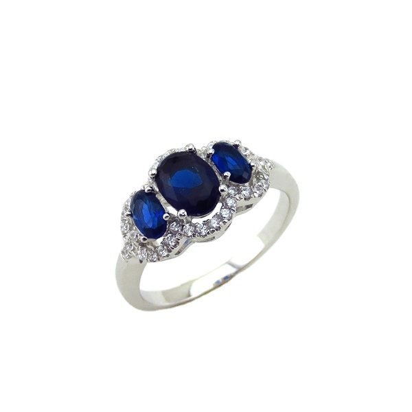 Anillo de Plata de Ley 925 con Tres Piedras de Zafiro Azul Simulado Ovalado