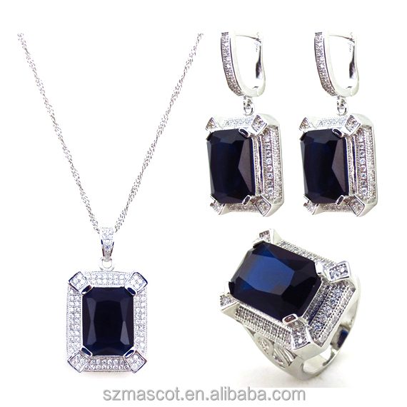 Bisutería de piedras preciosas cúbicas, conjunto de joyas con ajuste de punta, anillo de latón, pendientes de plata plateada, IGI, Plata de Ley 925, mascota azul oscuro