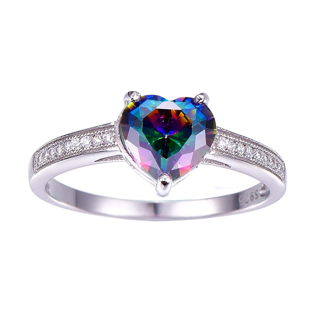 Anillos de ópalo de fuego para niñas, diseño en forma de corazón de Ángel plateado en oro blanco