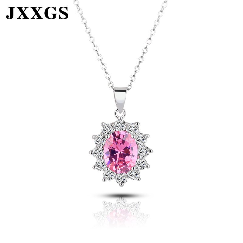 Collar personalizado de diseño de moda Sun Star, colgante en forma de circón de corte brillante ovalado rosa, collar con colgante de plata pura 925