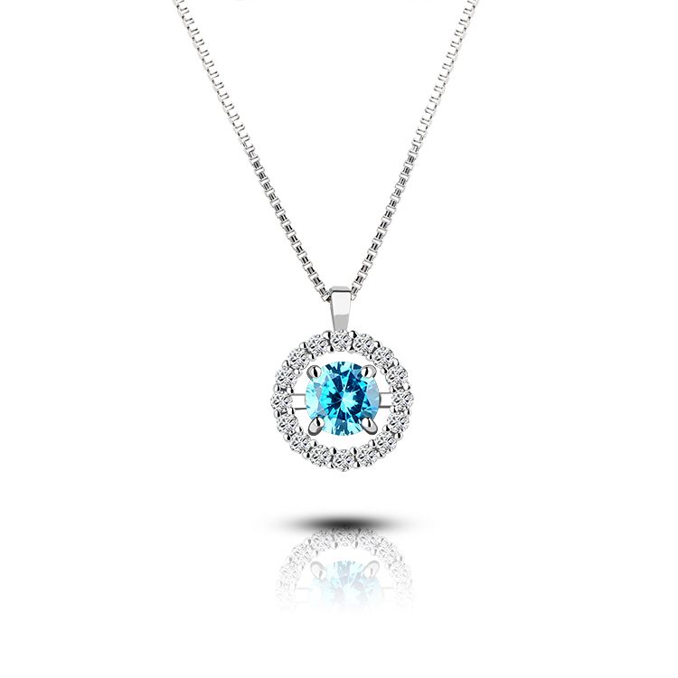 Delicado Collar con Colgante de Plata de Ley 925 con Circonita Azul Redonda Chapada en Oro de 18K para Mujer, Joyería de Moda, Regalo