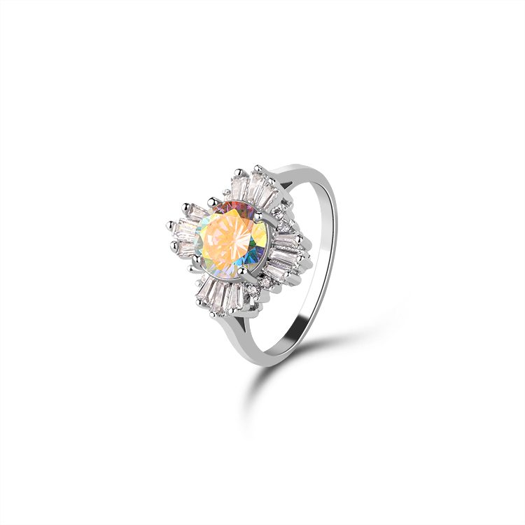 Anillo de Circonita Aurora de Inspiración Vintage, Plata 925, Anillo con Piedra Central Iridiscente y Halo de Baguette Radiante