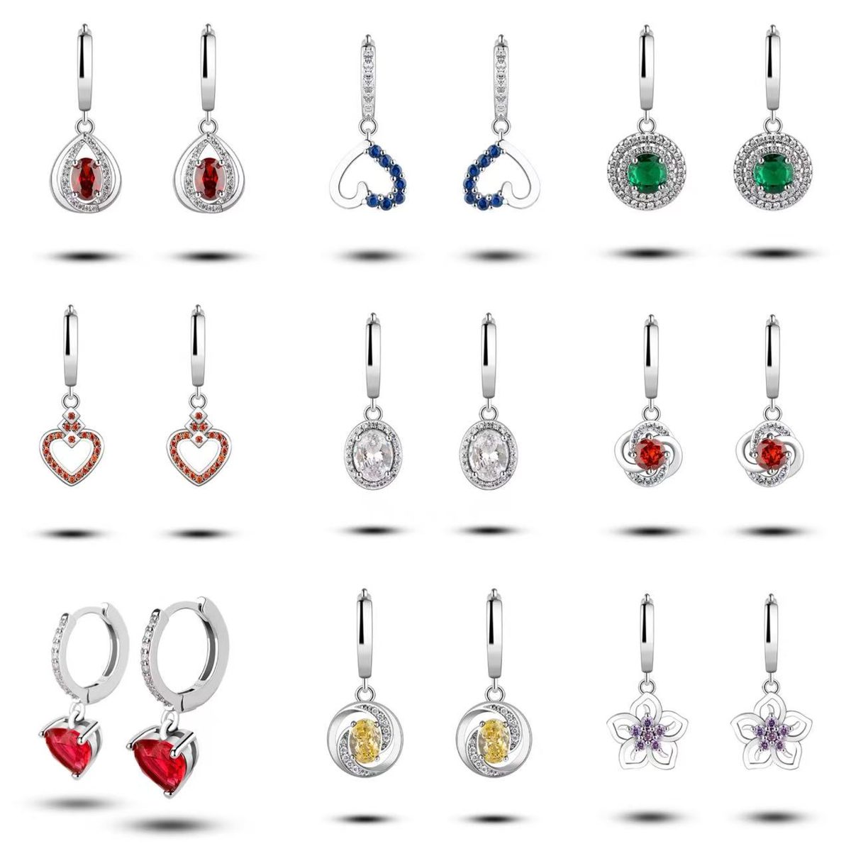 Pendientes de Plata de Ley 925 con Circonita Ovalada Roja en Forma de Gota, con Flores en Relieve y Acabado Brillante