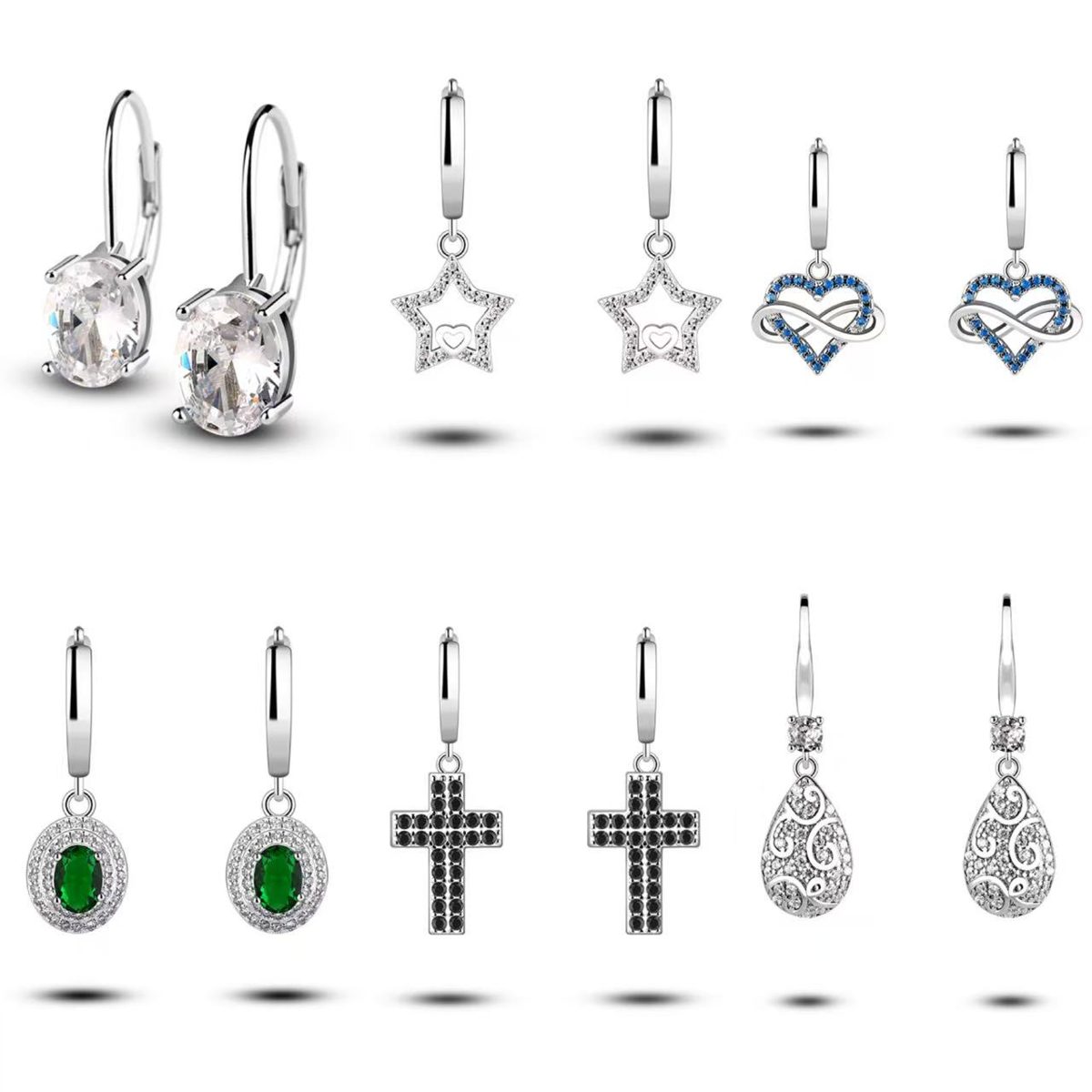 Pendientes Colgantes de Plata 925 con Microincrustaciones de Circonita Azul Corazón para Uso Diario, Pendientes de Circonita Ovalada Roja para Regalo