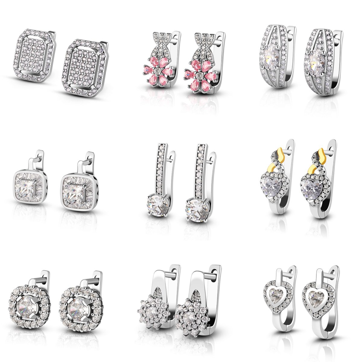 Pendientes Cuadrados con Circonitas, Pendientes de Flor con Circonitas, Plata de Ley 925, Ideales para Bodas y Aniversarios