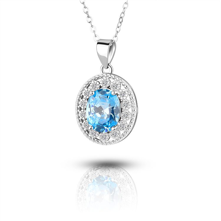 Elegante Collar con Colgante de Halo de Circonita Azul Redonda, Plata de Ley 925, Collar con Colgante de Halo de Circonita Azul, Joyería Nupcial, Regalo para Mujer
