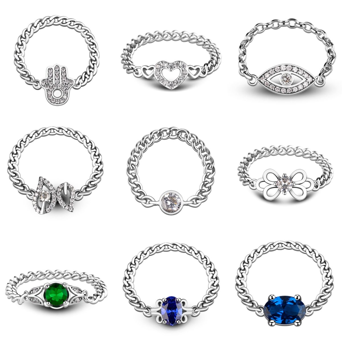 Anillo de Cadena de Plata de Ley 925 con Centro de Circonita Cúbica Brillante, Diseño Elegante y Ajustable para Mujer, Uso Diario