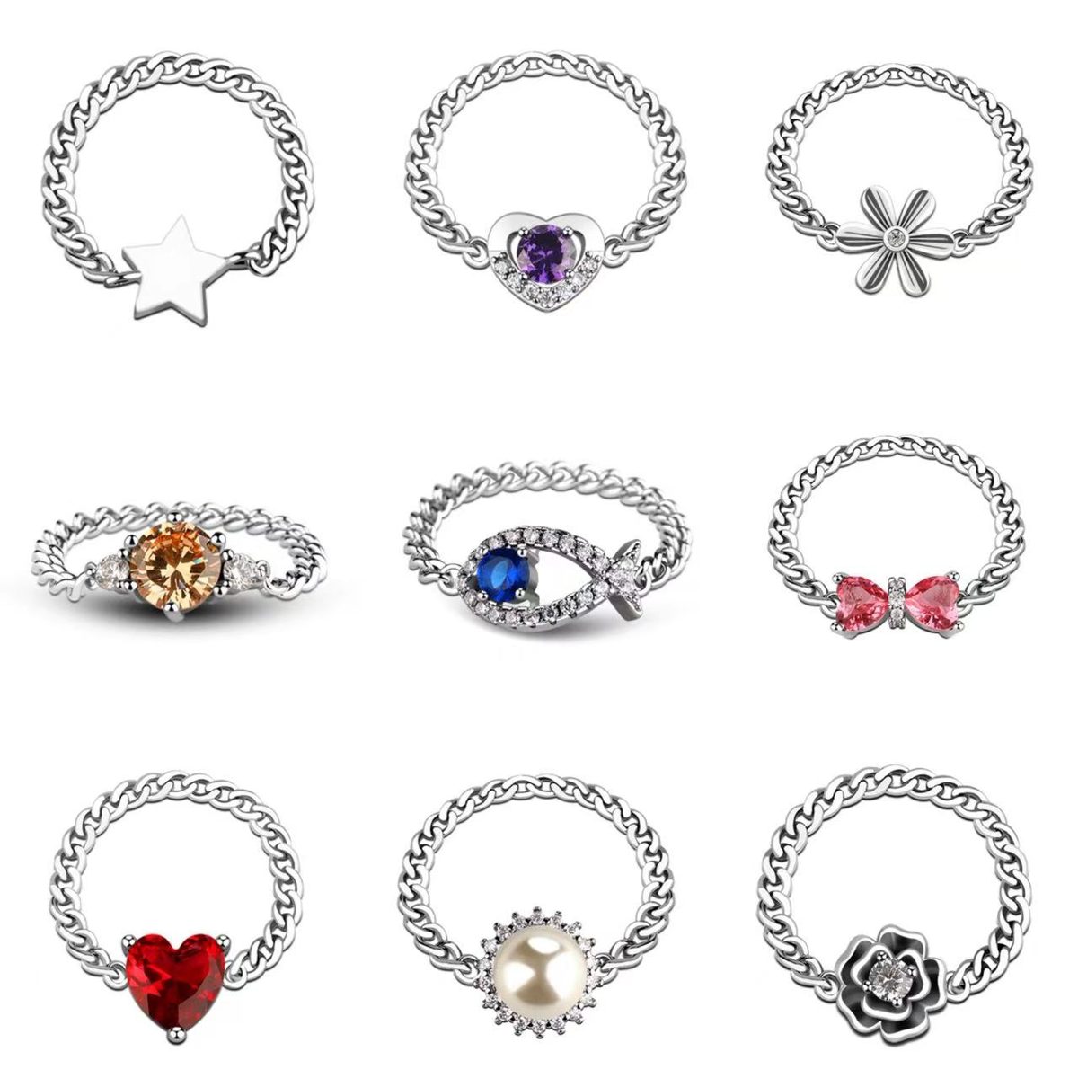 Precioso anillo de cadena de plata 925 con circonita cúbica en forma de lazo, una opción de joyería femenina y delicada para atuendos diarios.