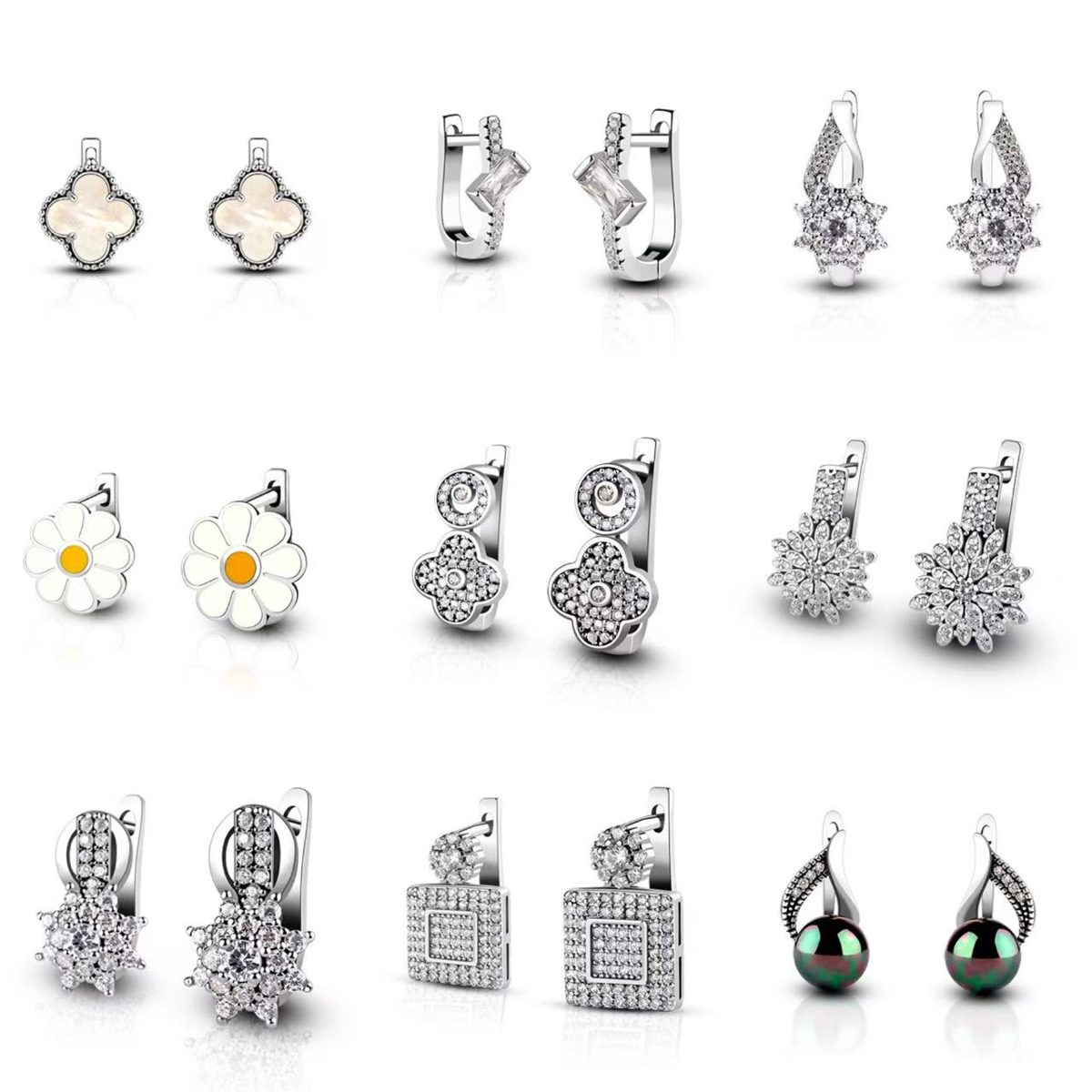 Pendientes de Trébol de Cuatro Hojas, Pétalo de Flor, Plata de Ley 925, Pendientes de Circonita, Chapados en Oro Blanco, Estilo Margarita, Estilo de la Suerte para Uso Diario